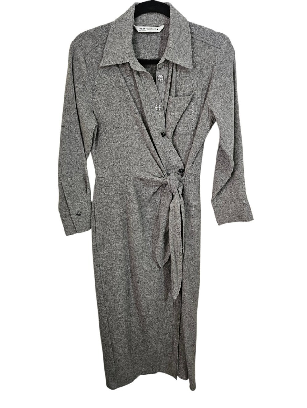 ZARA Wool Blend Heathered Grey Midi Wrap Shirt Dress M Dark Academia Office - Picture 2 of 12
